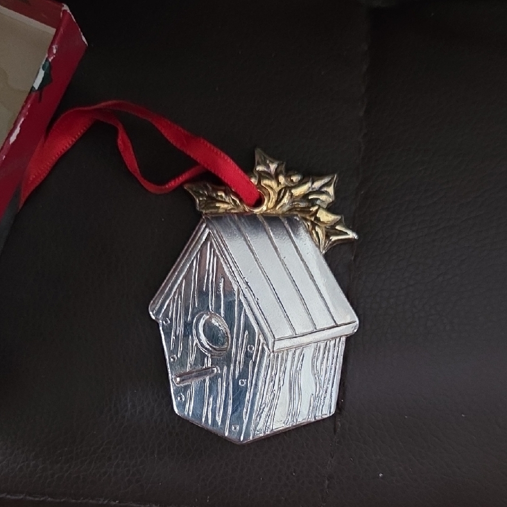 Reed & Barton Silverplated Birdhouse Ornament with Gold Accents - Made in Italy